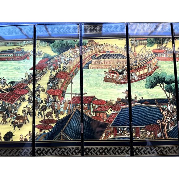 6 panel folding screen, Chinese Symphonic Picture Riverside Scene - Picture 9 of 15